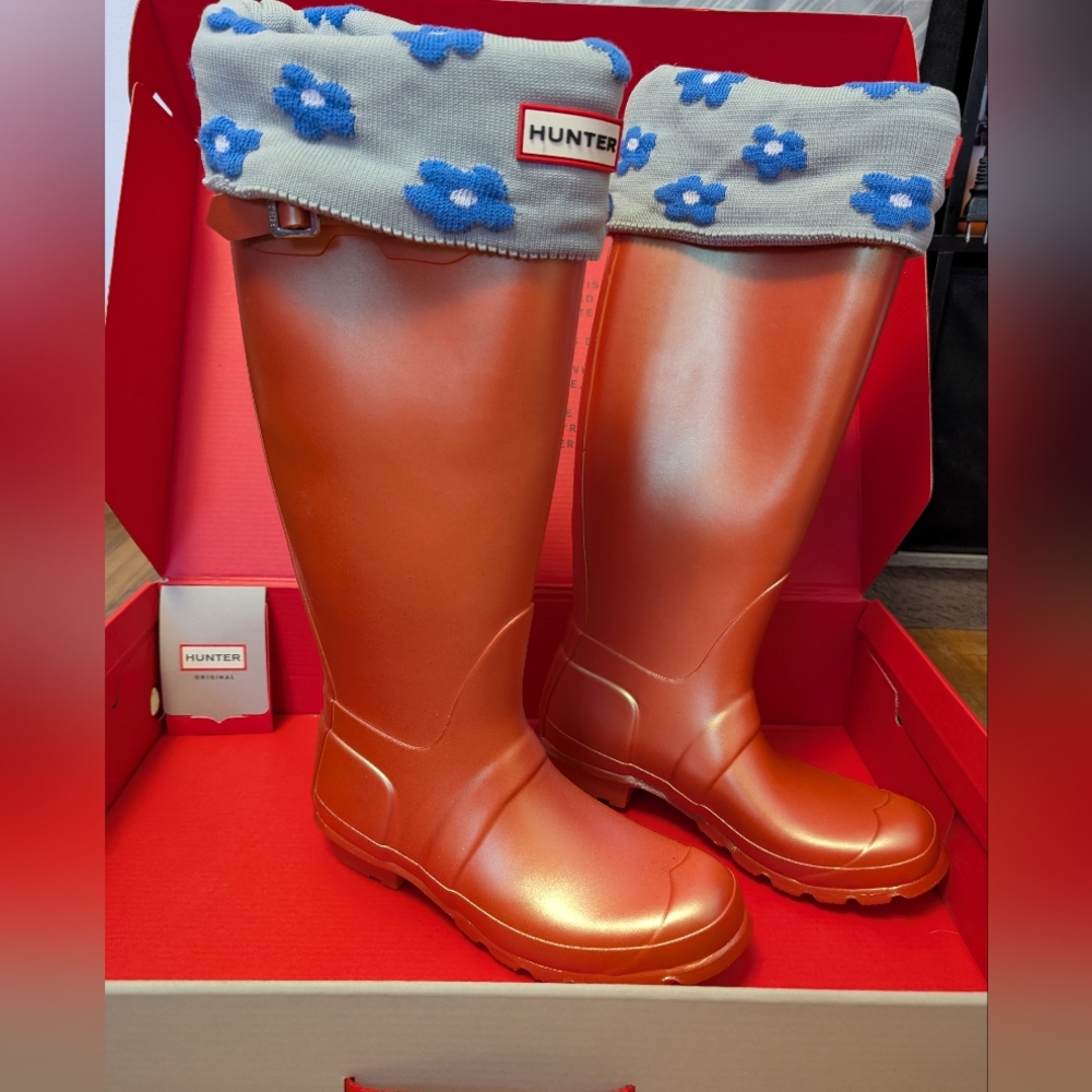 Hunter Orange Rain Boots with Floral Cuffs